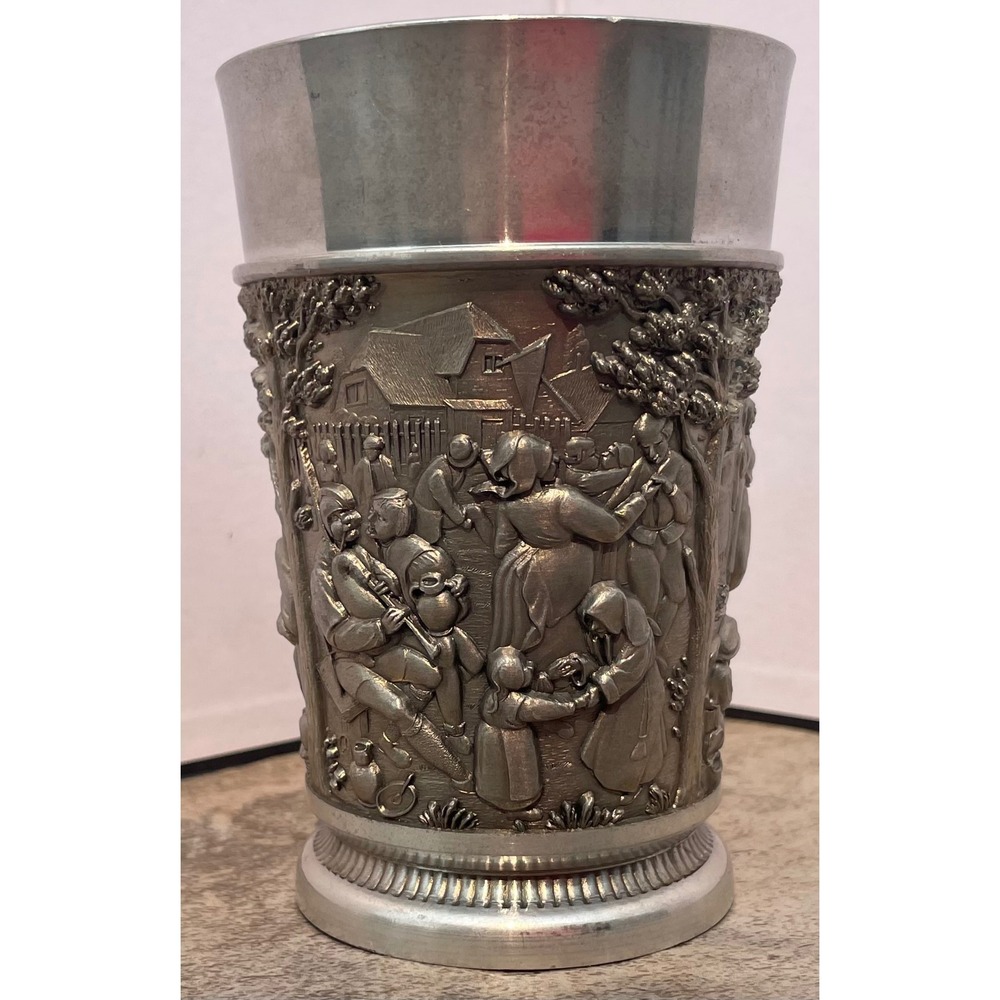NK West Germany Pewter Cup Relief Village Scene Silver Beaker 4.5 inch